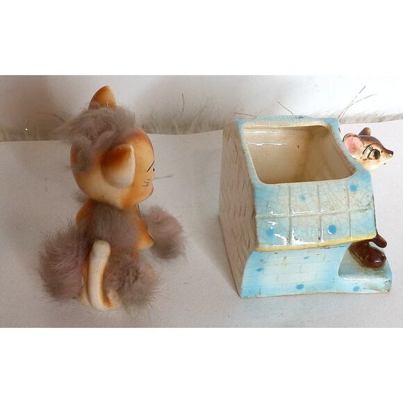 Vintage Arnart Japan Fuzzy Cat And Mom And Doe Planter Japan Set of 2 - Picture 5 of 10
